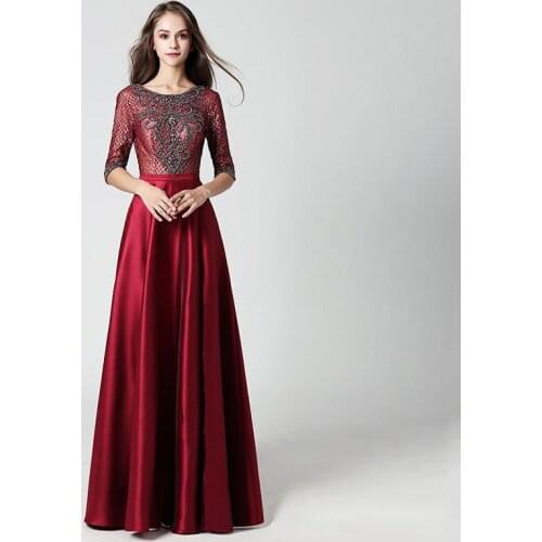 2021 Luxury A-Line Floor-Length Burgundy Beading Satin Wedding Prom Dresses Sexy High Split Backless Evening Party Gown 014