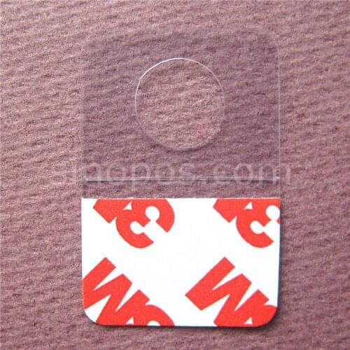 Self-adhesive Merchandising Hang Tabs Round Hole Bulk, box bag package PET PVC hangers peghook, plastic display reinforced tag
