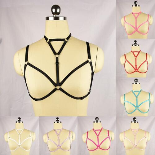 Sexy Multi-colored Cupless Bra Harajuku Gothic Body Harnes Belt Fetish Wear Bondage Harness Bra Punk Body Cage See Through Bra