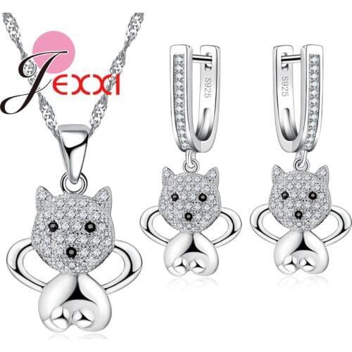 Little Fox Design Sterling Silver Jewelry Set For Women Girl Best Gift Simulate Crystal Necklace Pendent Earrings 1set