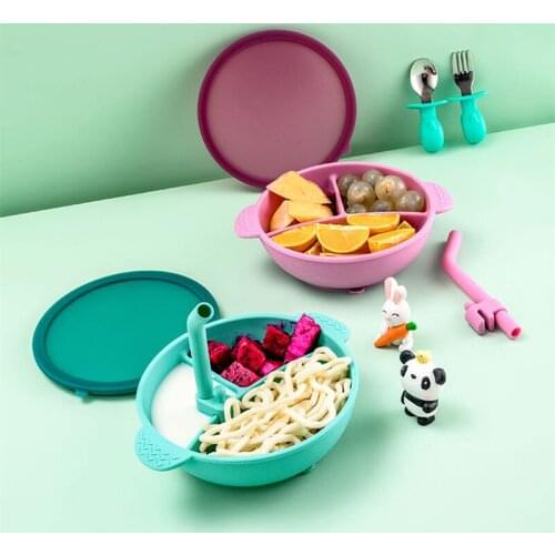 Silicone Suction Bowl with Lid Learning Bowl for Baby Toddler self-Feeding Tableware Training Divided Bowls for Kids and Infants