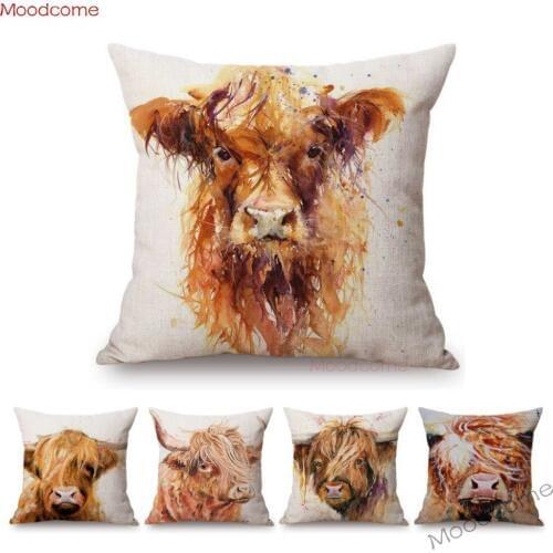 Nordic Highland Cow Long Hair Bull Watercolor Home Decorative Sofa Pillow Case Cotton Linen Yak Cattle Chair Seat Cushion Cover