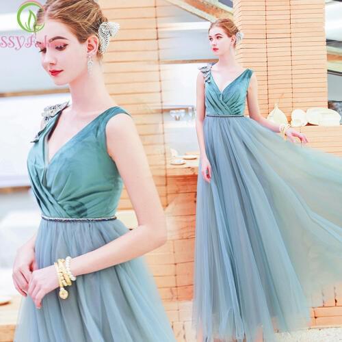 SSYfashion Crystal Flower V Neck Sleeveless Lace Up Back Velour Floor Length Long Green Velvet Evening Dress Party Formal Gown