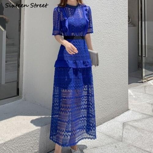 Dark Blue Lace Dress Woman High Waisted Short-sleeve Bodycon Dress Female Round Neck Hollow Out Runway Long Party Dresses