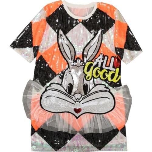 Chic Ins Spring Summer New Europe Women Sequin Long T-Shirt Loose Casual Cute Rabbit Mesh Ruffle Bling Top Tee Punk Dress Party