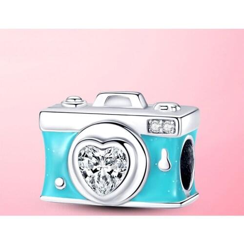 925 Sterling Silver Travel Charm Heart Love CZ Camera Charm Beads Fit Original Pandora Bracelet DIY Jewelry Making Female Gift
