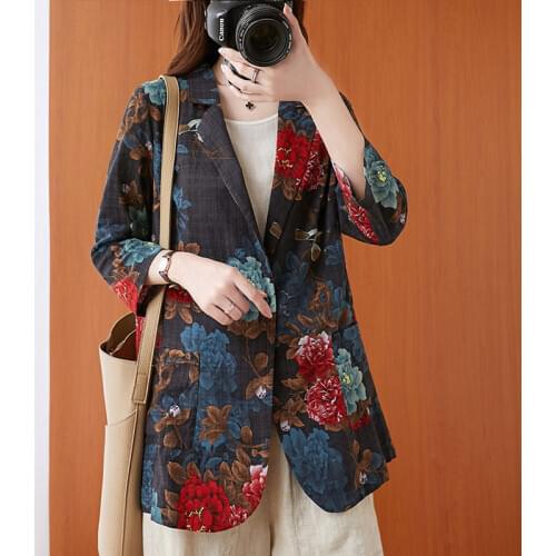 Plus Size Womens Retro Printed Cotton And Linen Suit 2021 Spring SummerSlim Casual 3/4 Sleeve Short Floral Shirt Jacket Y1267