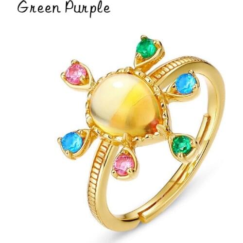 Green Purple 925 Sterling Silver Engagement Geometry for Women Round Natural Colored Crystal Adjustable Ring Trend Fine Jewelry