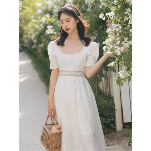 Summer Low Round Neck Sexy High Waist Lace Hollow White Dresses Gentle French Puff Sleeve Vintage Midi Dress