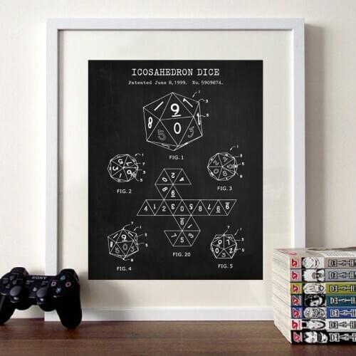 20 Sided Dice Patent Vintage Posters and Prints Dnd Player Gifts D20 Icosahedron Dice Blueprints Painting Gaming Room Wall Decor
