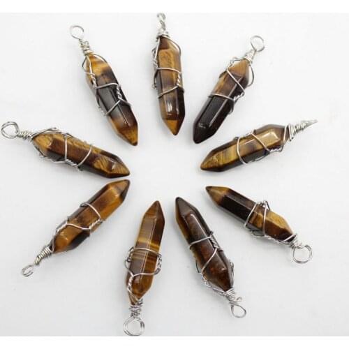 12pcs Natural Tiger eye Stone hexagonal column pendant Bullet silver color Wire Wrapped pendant DIY for Necklace Women Jewelry