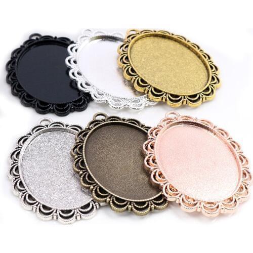 5pcs 30x40mm Inner Size 6 Colors Plated Pierced Flower Style Cabochon Base Setting Charms Pendant