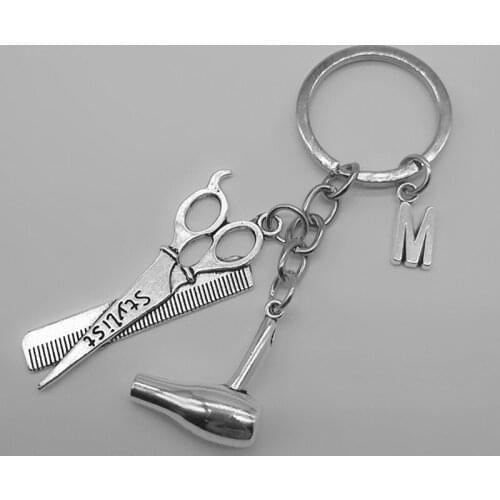 Hair stylist must have hair dryer scissors comb decorative key ring hairdresser gift key ring hair dryer A-Z letter key ring