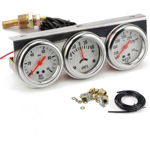 52mm 12v Car Triple Gauge Kit Volts Water Temp Oil Pressure Meter Ammeter 3 In 1 Kit Chrome Meter White Dial Replacement Parts