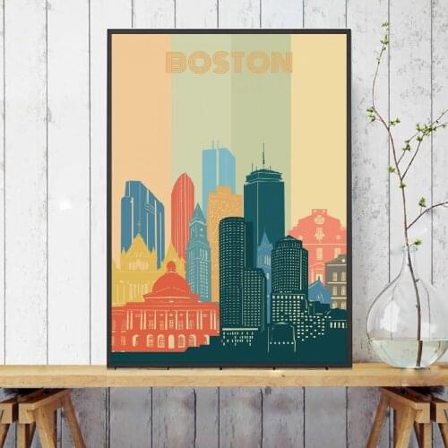 Boston City Retro Cityscape Canvas Painting Art Print Poster Picture Wall Modern Minimalist Bedroom Living Room Decoration
