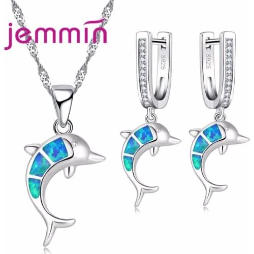 Brand Dolphin Design 925 Sterling Silver Opal Jewelry Set For Women With Blue Fire Opal Earrings Pendant Necklace Set