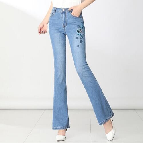 FERZIGE New Embroidery Luxury Flare Pants Skinny Stretch Jeans Women Fashion High Waist Casual Slim Fit Trousers Plus Size 36