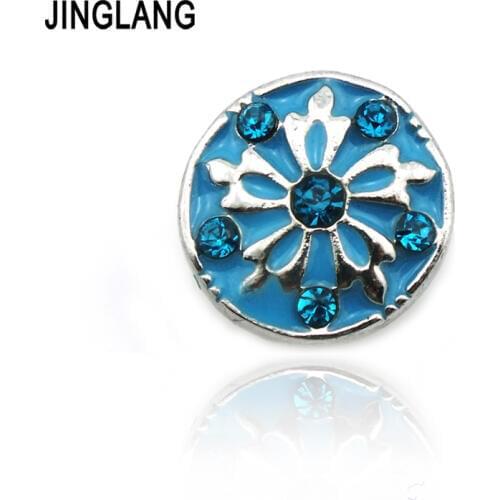 JINGLANG Fashion Charm Metal 12mm Snap Button Blue Rhinestone Rhodium Plating Bracelet Accessories