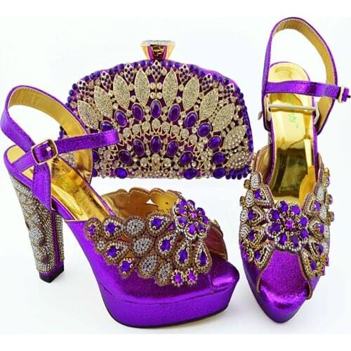 2021 Italian Design Nigerian Fashion Purple Color High Quality Party Ladies Shoes Matching Bag Set Decorated With Rhinestone