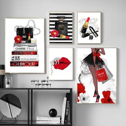 Fashion Girl Perfume Red Lips Rose Bag Wall Art 5d Diy Diamond Painting Embroidery Nordic Wall Art For Living Room Home Decor