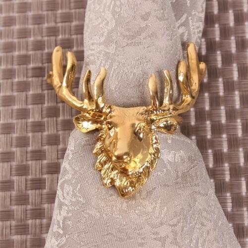 Gold Plating 3-Dimensional Reindeer Head Design Metal Alloy Napkin Rings Sets of 6 Pieces