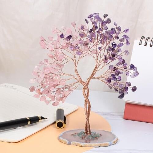 TUMBEELLUWA Natural Crystal Money Tree Amethyst Rose Quartz Agate Slice Base Room Decor Home Ornaments For Wealth And Lucky