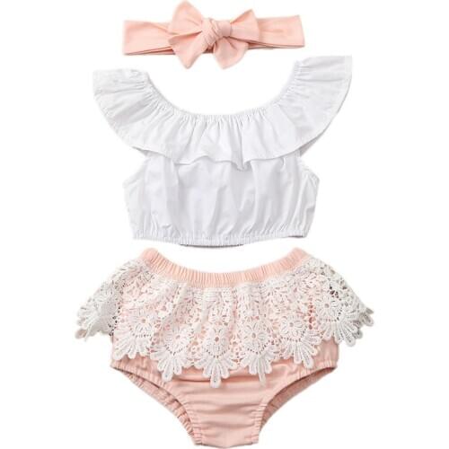 2020 New Baby Girls Summer Clothing Ruffles Sleeve T-shirts Tops +Lace Pleated Shorts Bottom+Headband Cotton Outfits Clothes