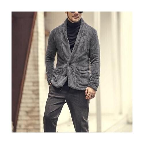 2020 New Mens Hot Fashion Winter Fleece Jacket Coat Lapel Pure Color Long Sleeve Buttons Plush Outerwear