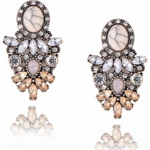 FSUNION 2020 New Fashion Retro Pink Stone Crystal Flower Drop Earrings for Women Fashion Gold Rhinestones Earrings Modern Gift