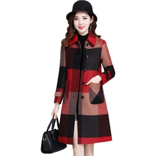 Autumn Winter New Long Woolen Plaid Coat Women Casual Single-breasted Woolen Outwear Female Loose temperament Woolen Coat R662