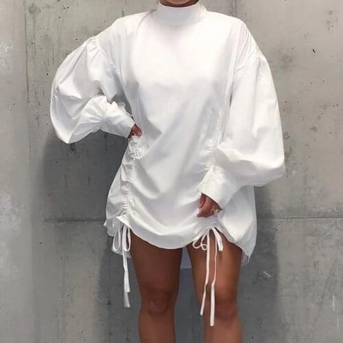 Women Shirt Mini Dress Long Lantern Sleeves with Draw String Casual Loose Female Spring Summer Fashion Vestidos White Black New