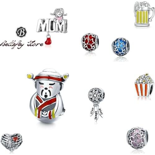Bellafay Customed Real 925 Silver Popcorn Beads Mom Charms Beer Mug Fits Original Bracelet Bangles Girls DIY Jewelry Gifts