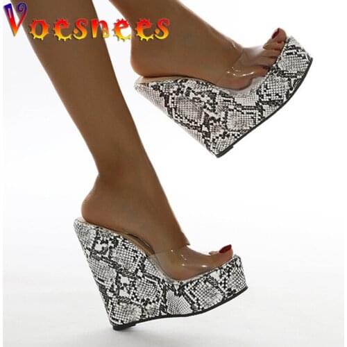Summer Slippers Women Shoes 2021 New Sexy Transparent Python Pattern High Heels Wedges Sandals 16cm Plus Size 42 Ladies Slides