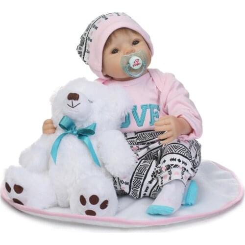 NPK brand girl reborn babies silicone reborn dolls with white bear plush doll pacifier bottle children gift bebes reborn menina