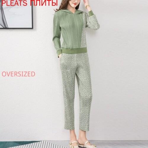 Spring Autumn Fashion Casual Suit Women European American Loose Large Size Hooded Printed Jacket + Straight Pants Two-piece Set