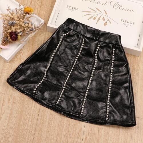 Girls Toddler Skirts PU Leather Skirt with Pearl Beads Fashion Cool Baby Girls Skirt Princess Clothing Little Children Wear