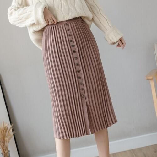 High Waist Pleated Skirt Knitted Skirts Womens Skirt Autumn 2020 Korean A-line Package Hip Slit Skirts