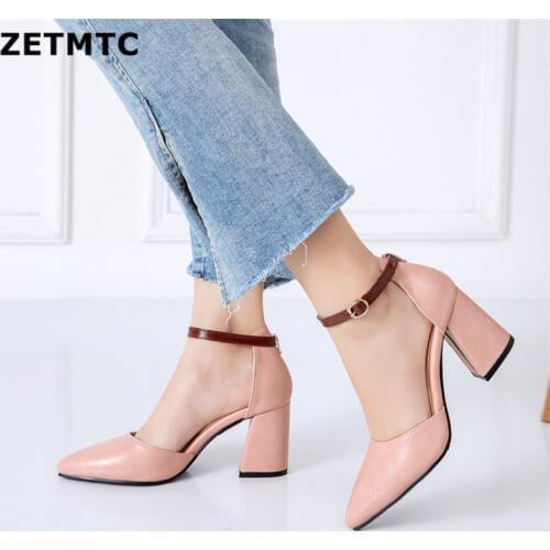 2020 NEW Summer Fashion Pointed Toe Hoof High Heels Women Shoes Pink Brown Block Heel Pumps Ankle Strap Office Party Woman Shoes