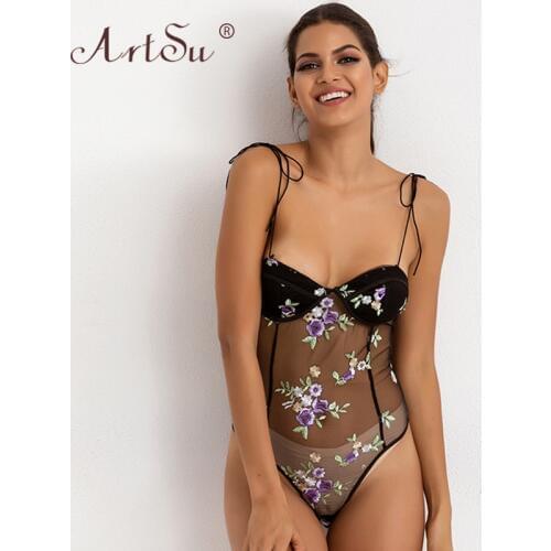 ArtSu Lace Up Sleeveless Club Body Mujer V-Neck Women Sexy See Through Mesh Bodysuit Black Floral Embroidery Bodysuits 2019