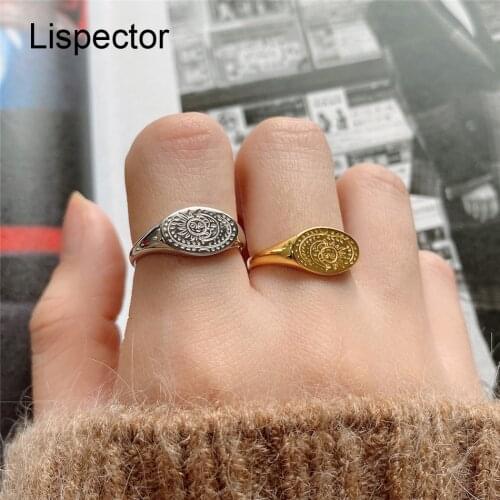 Lispector 925 Sterling Silver Korean Vintage Sun Moon Face Rings for Women Cute Oval Creative Pattern Wreath Ring Female Jewelry