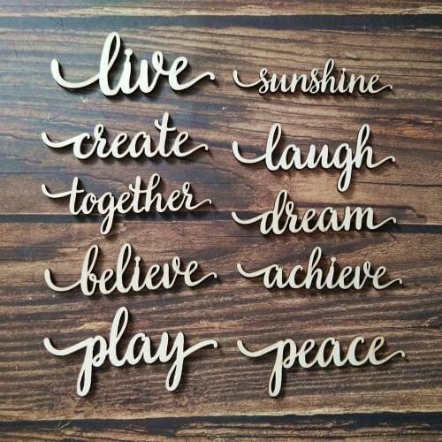 10pcs Live Sunshine Create Laugh Together Dream Believe Achieve Play Peace Script Word Wood Sign Wall Wooden Decoration Hanging