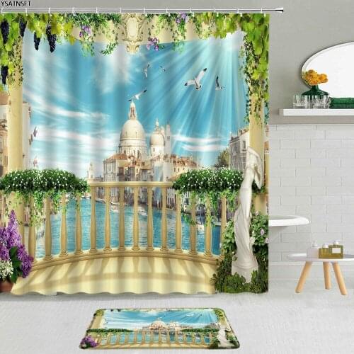 2Pcs Seascape Architecture Roman Column Shower Curtain 3D Flower Beach Shell Green Vine Bathroom Curtains Non-Slip Bath Mat Set