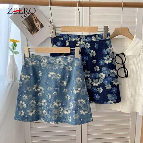 2021 Women Summer Floral Print Bule Short Cotton Denim Skirt Female Streetwear High Waist Sexy Pencil Mini Denim Skirts Womens