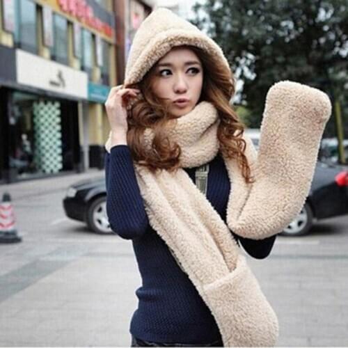 3 In 1 Women Winter Warm Soft Hood Scarf Snood Pocket Hats Gloves Fashion Hooded Srarves Scarf Hat Glove 3 Piece Sets