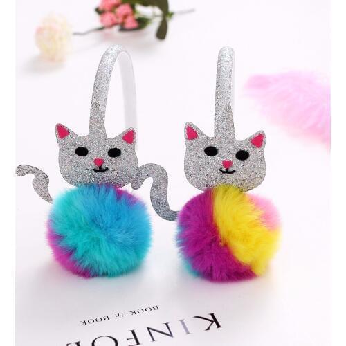 5pcs Fashion Cute Glitter Cat Hairbands Gradient Fur Pom Pom Animal Hard Headbands Princess Headwear Girls Hair Accessories