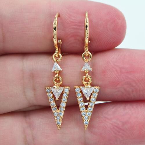 AAA+ Cubic Zirconia Gold Color Fashion Women Clear CZ V Dangle Earrings Jewelry
