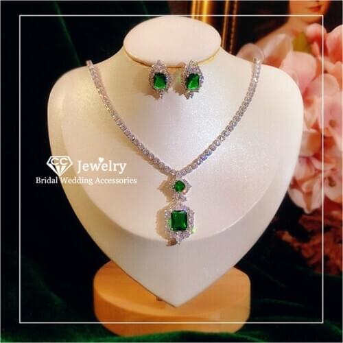 CC Wedding Jewelry Sets 925 Sterling Silver Stud Earrings Necklace Luxury Accessories for Bridal Party Green CZ Stone CCAS223
