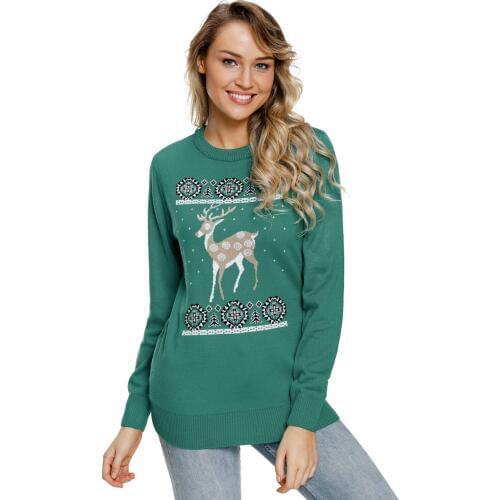 Reindeer Jump Over Black Ugly Christmas Sweater Round Neck Long Sleeve Pullover Snow Fawn Christmas Day Knitting Sweater Tops