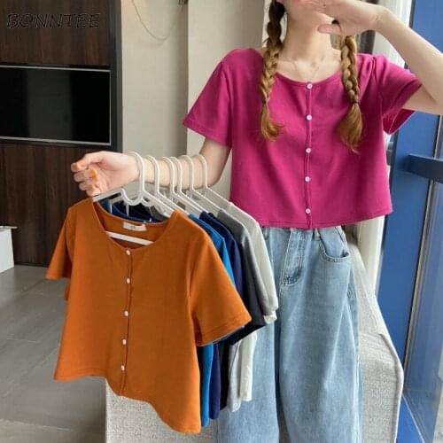T-Shirts Women 5 Colors Solid Casual Soft Chic Harajuku Sexy Mujer Tops Students Korean Style Vintage Fashion Party Streetwear