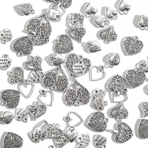 Hot sale 10 20 30 50 Pcs/Pack Heart Shape Antique Silver Plated Alloy Fit For Jewelry Pendant Making European Necklace DIY